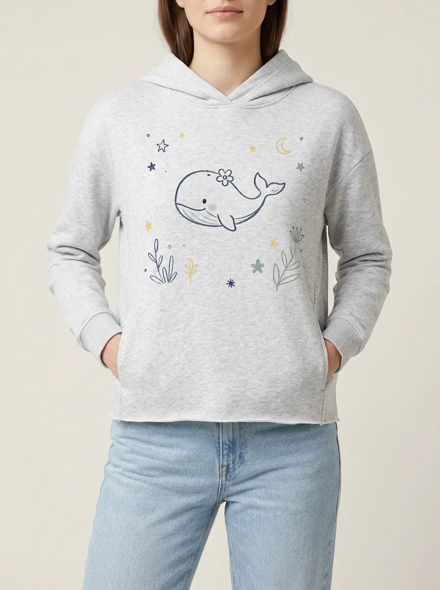 Women's Hoodie with Whale and Floral Printed Artwork