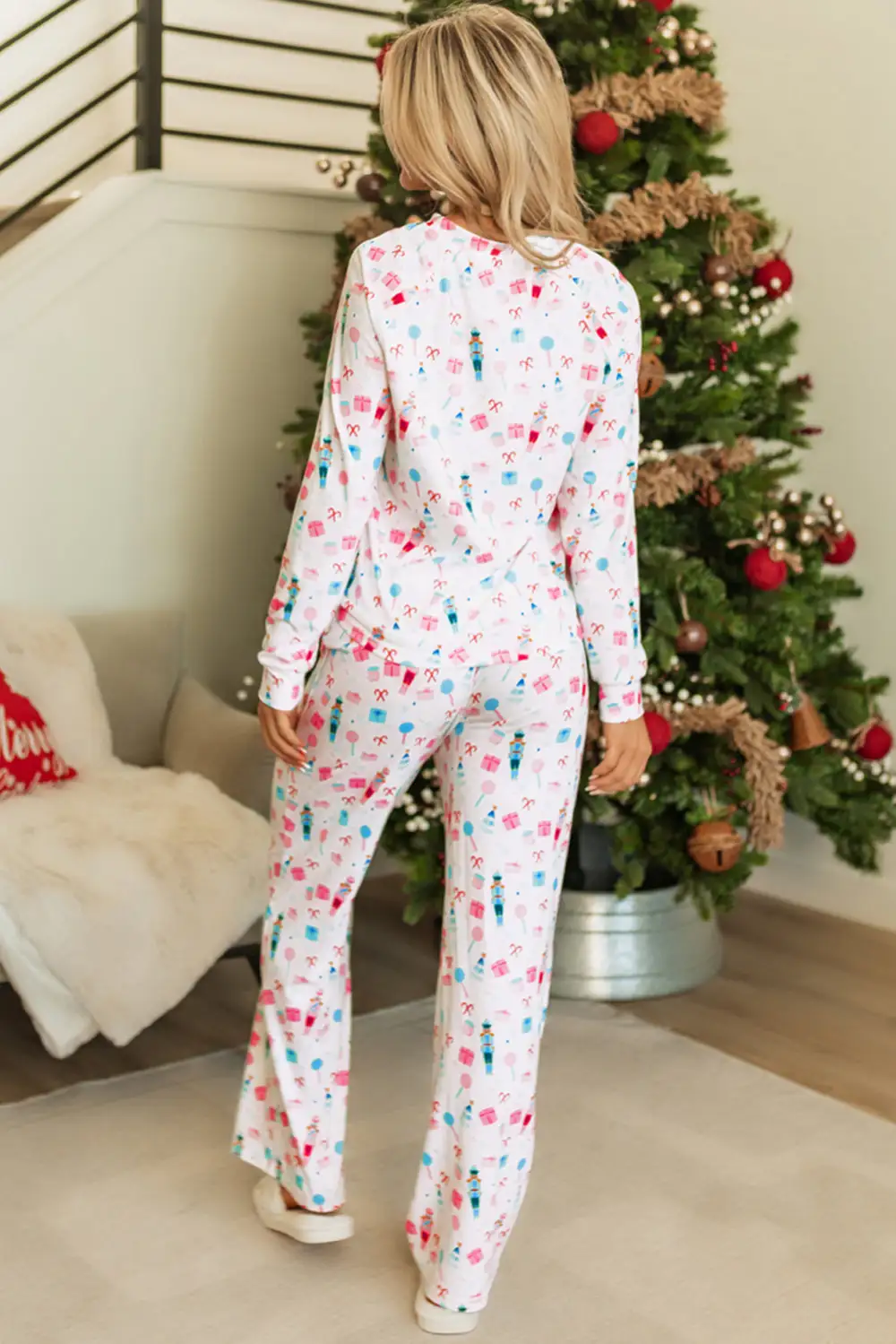 Women's Christmas Pattern Long Sleeve Top and Wide Leg Pants Set