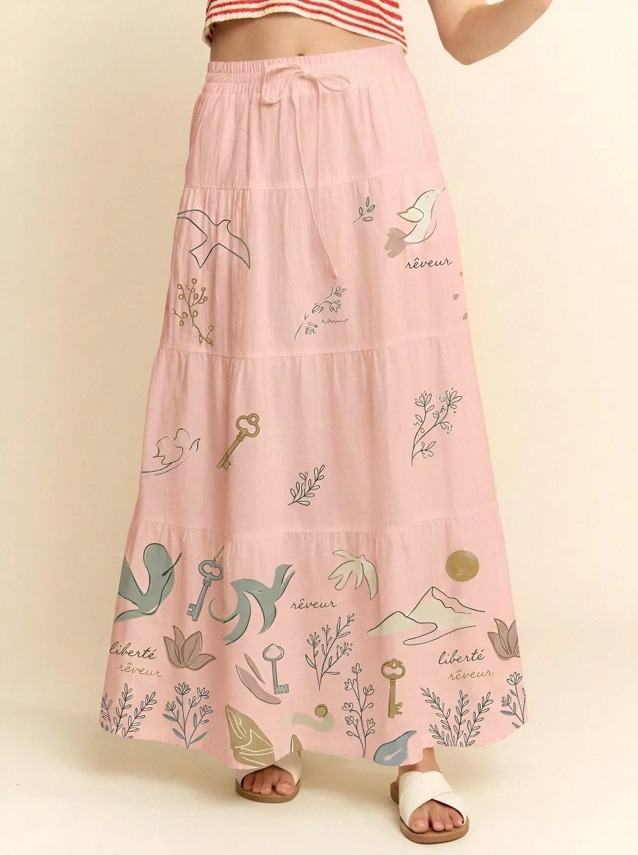 Women's Boho Aesthetic Bird Key Floral Printed Maxi Skirt