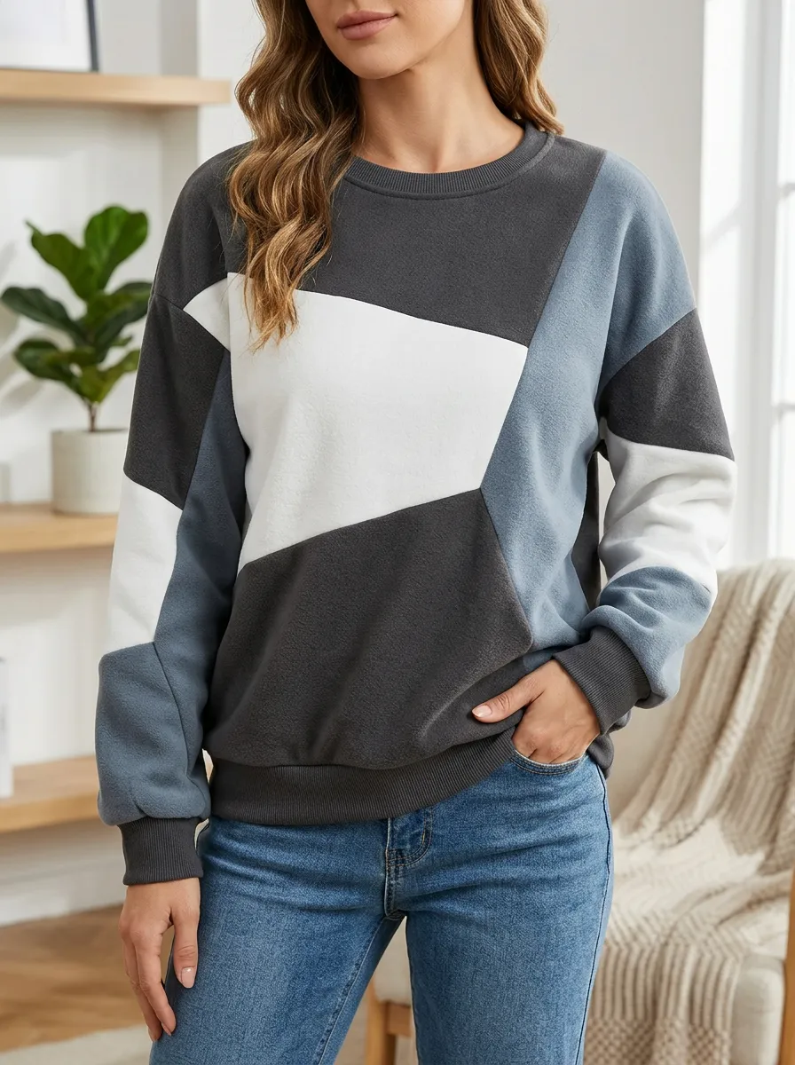 Women's Geometric Colorblock Fleece Printed Sweatshirt