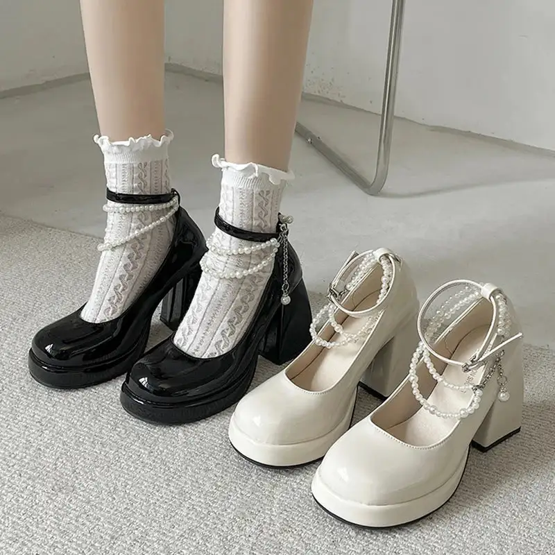 Pearl-Detail Square-Heel Platform Pumps