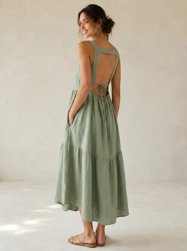 Women's Daytime Casual Tiered Linen Backless Dress