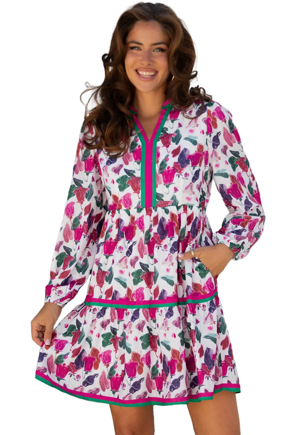 Finish Floral Striped Long Sleeve Mini Dress