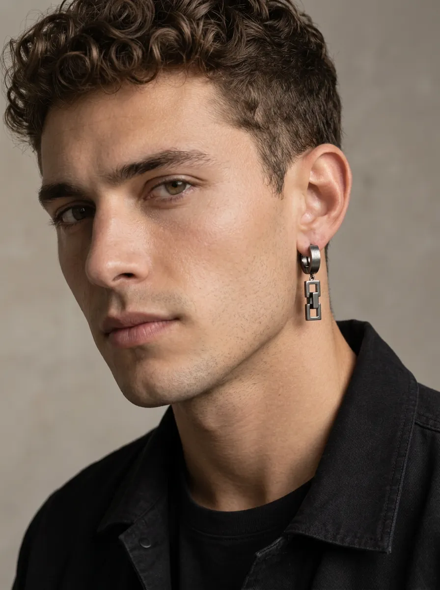 Men's Minimalist Geometric Square Link Dangle Hoop Earring