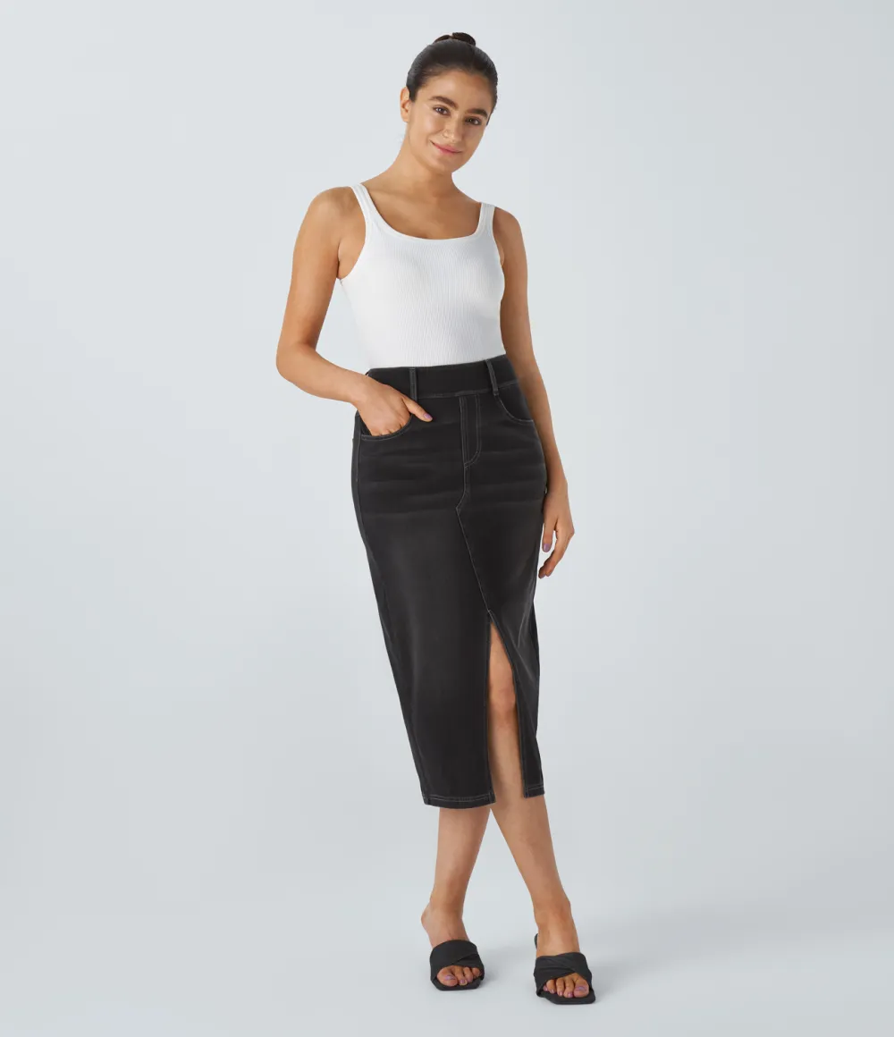 Magic High Waisted Multiple Pockets Bodycon Split Washed Stretchy Knit Denim Casual Midi Skirt