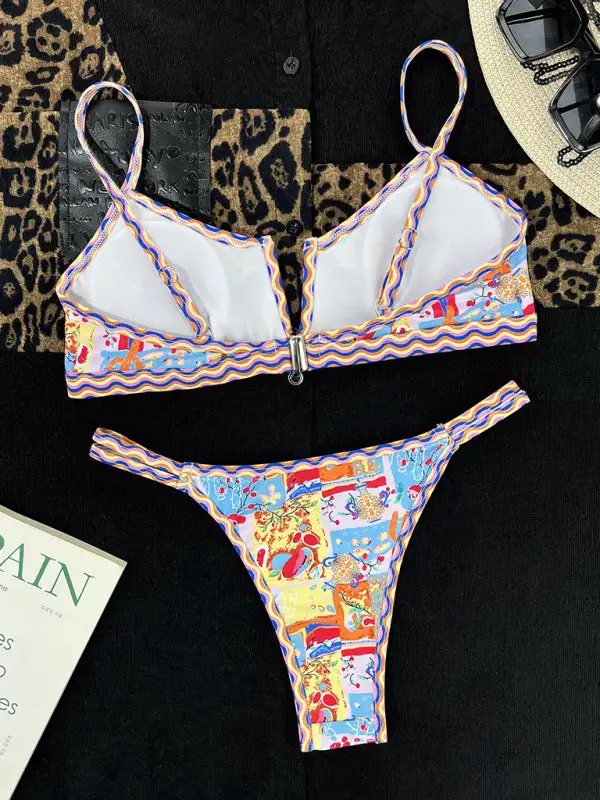 Split Small V Neck Colorful Edge Swim Set