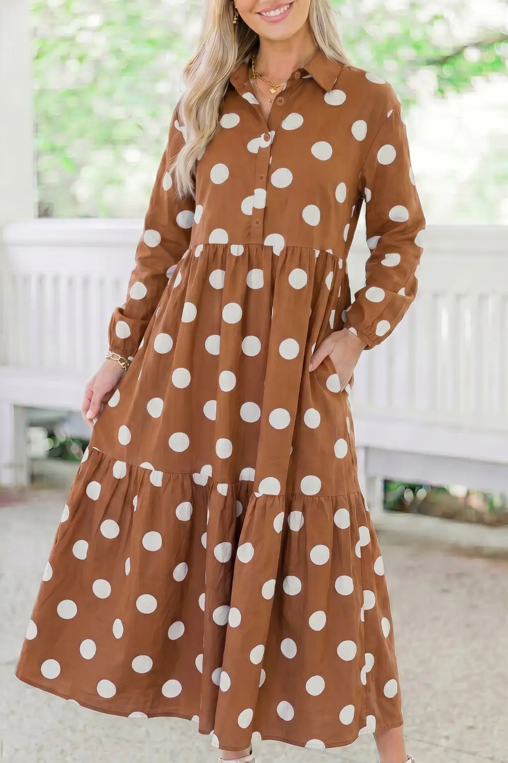 Women's Polka Dot Long Sleeve Shift Button Front Midi Dress