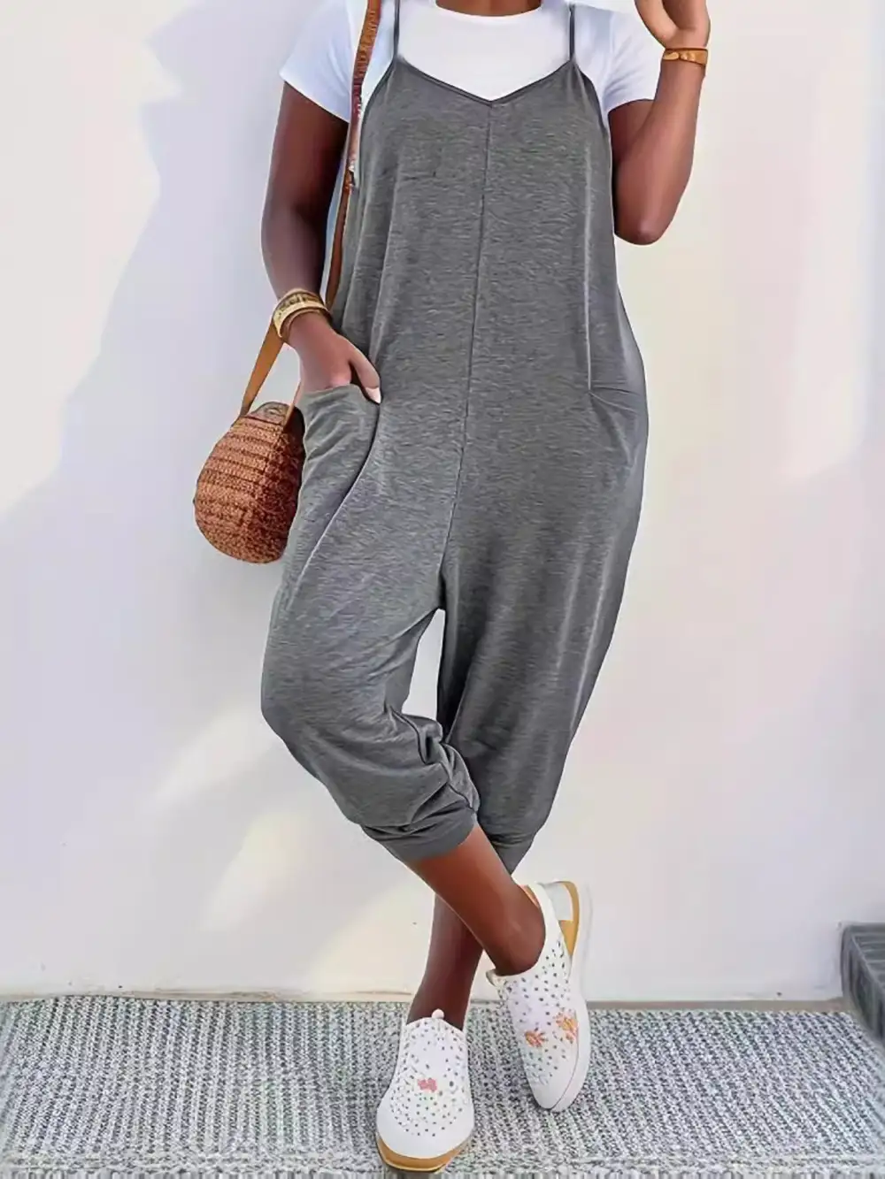 Casual Loose Fit Spaghetti Strap Jumpsuit Accessory