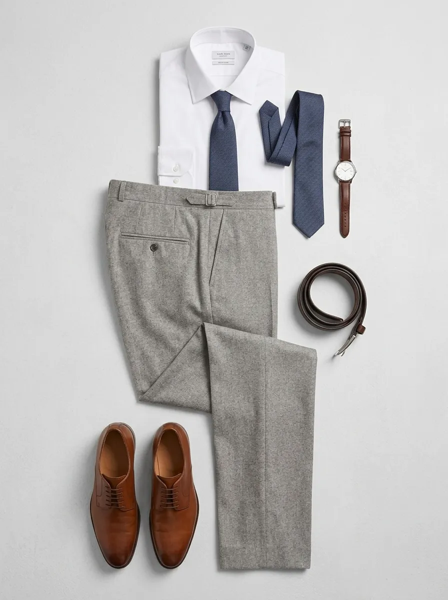 Side-Adjuster Textured Pressed-Crease Men's Tailored Suit Trousers