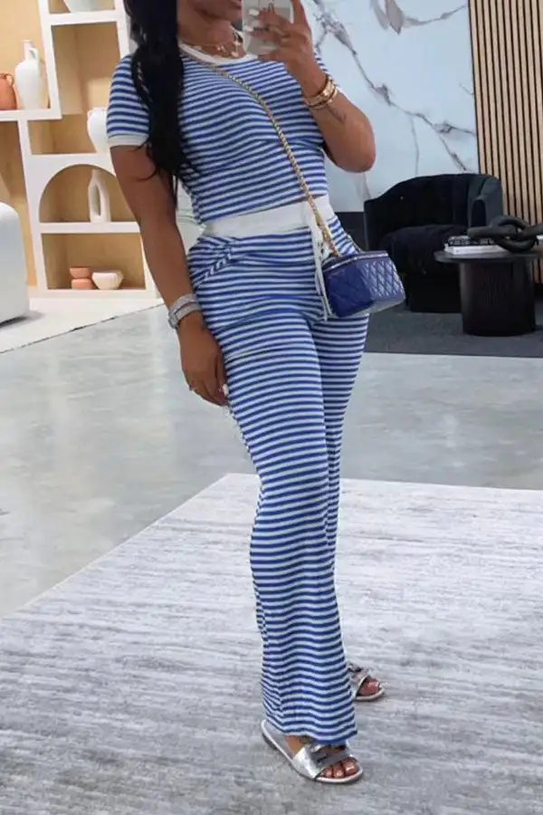 Striped Drawstring Round Neck Pant Set