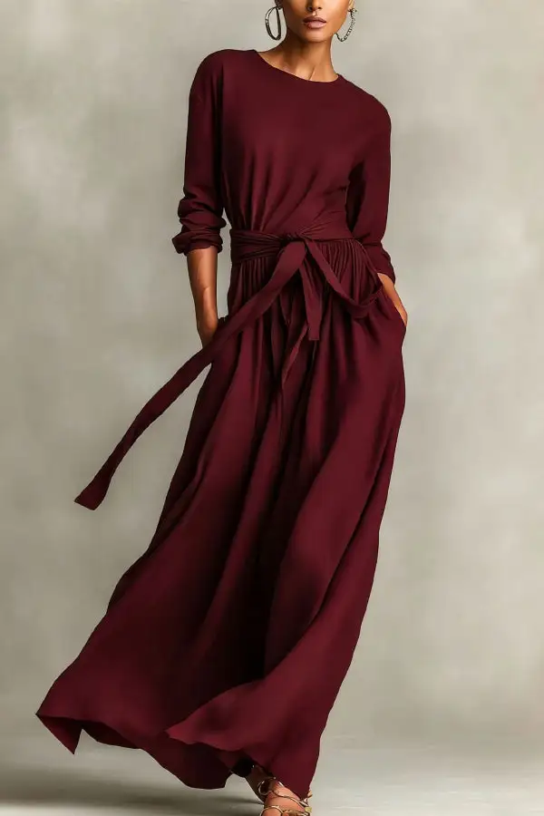 Streamlined Tie Detail Long Sleeve And Flowing Maxi Skirt Set