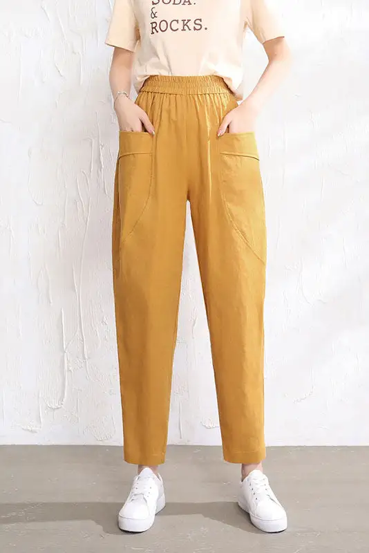 Linen Straight Leg Elastic Waist Pocketed Trousers