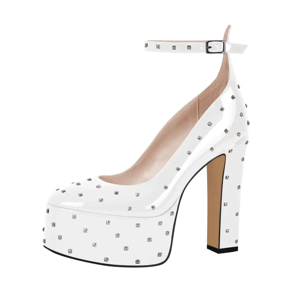 Rivet Round Toe Platform Chunky Heel Ankle Strap Pumps