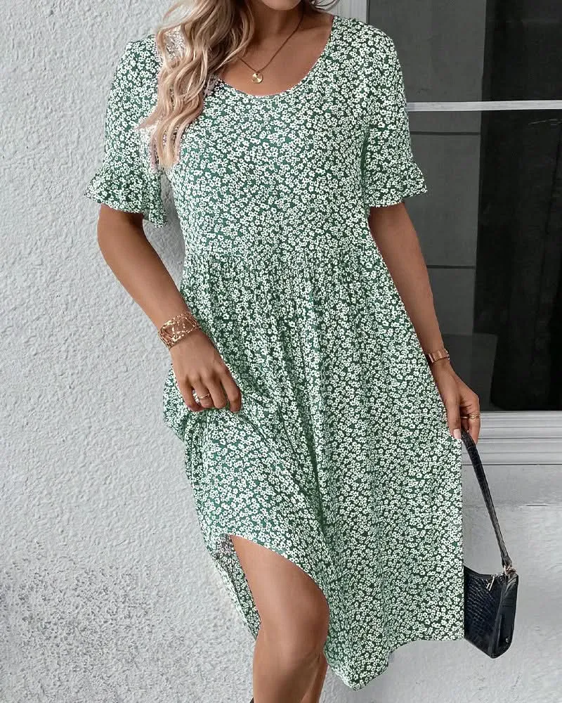  Casual Ditsy Floral Smock Midi Dress