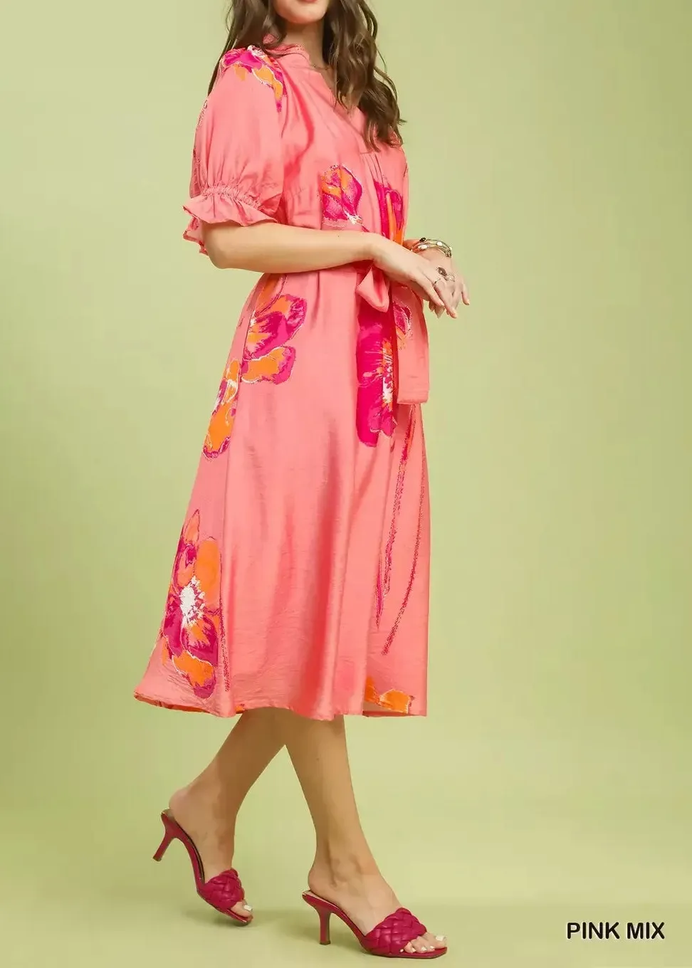 Flounce Sleeve Midi Dress with Belted
