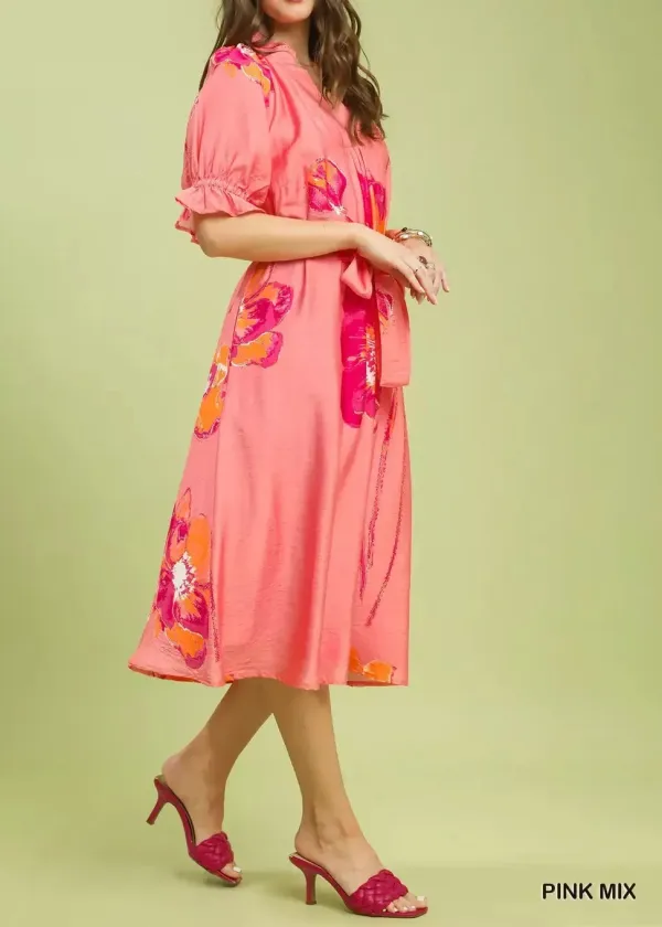 Flounce Sleeve Midi Dress with Belted
