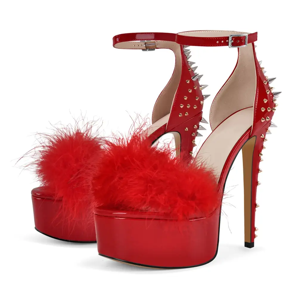 Fur Platform Rivet Ankle Strap Stiletto Sandals