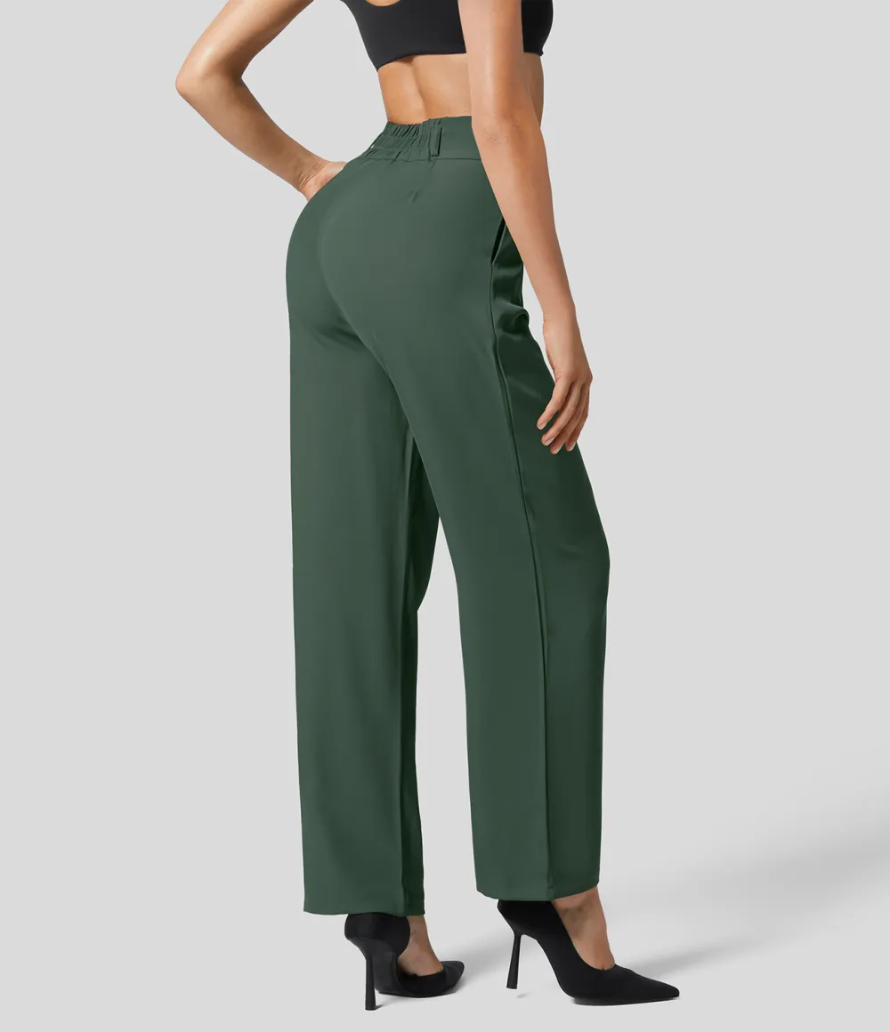 High Waisted Button Zipper Plicated Side Pocket Shirred Straight Leg Work Pants