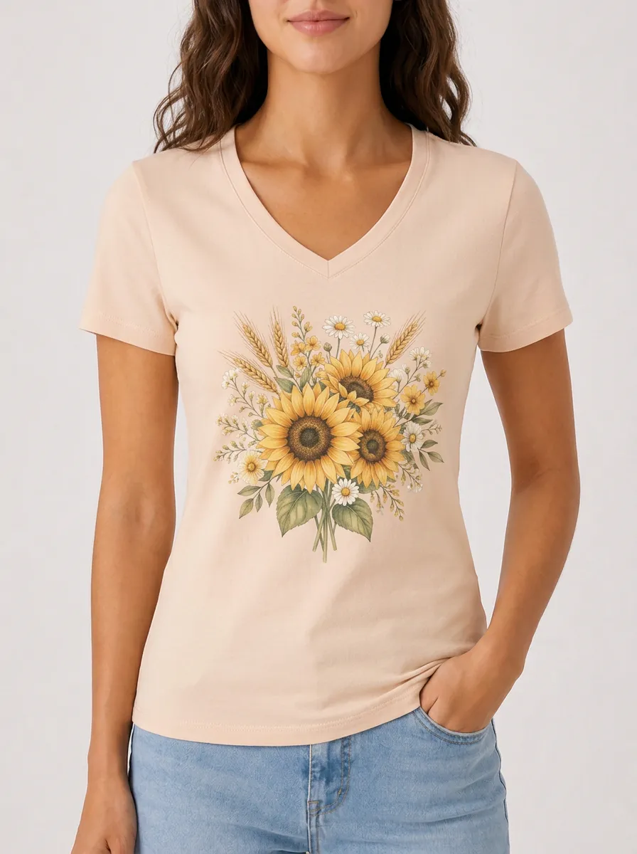 Women's Sunflower Daisy Wheat Bouquet Printed V-neck T-shirt