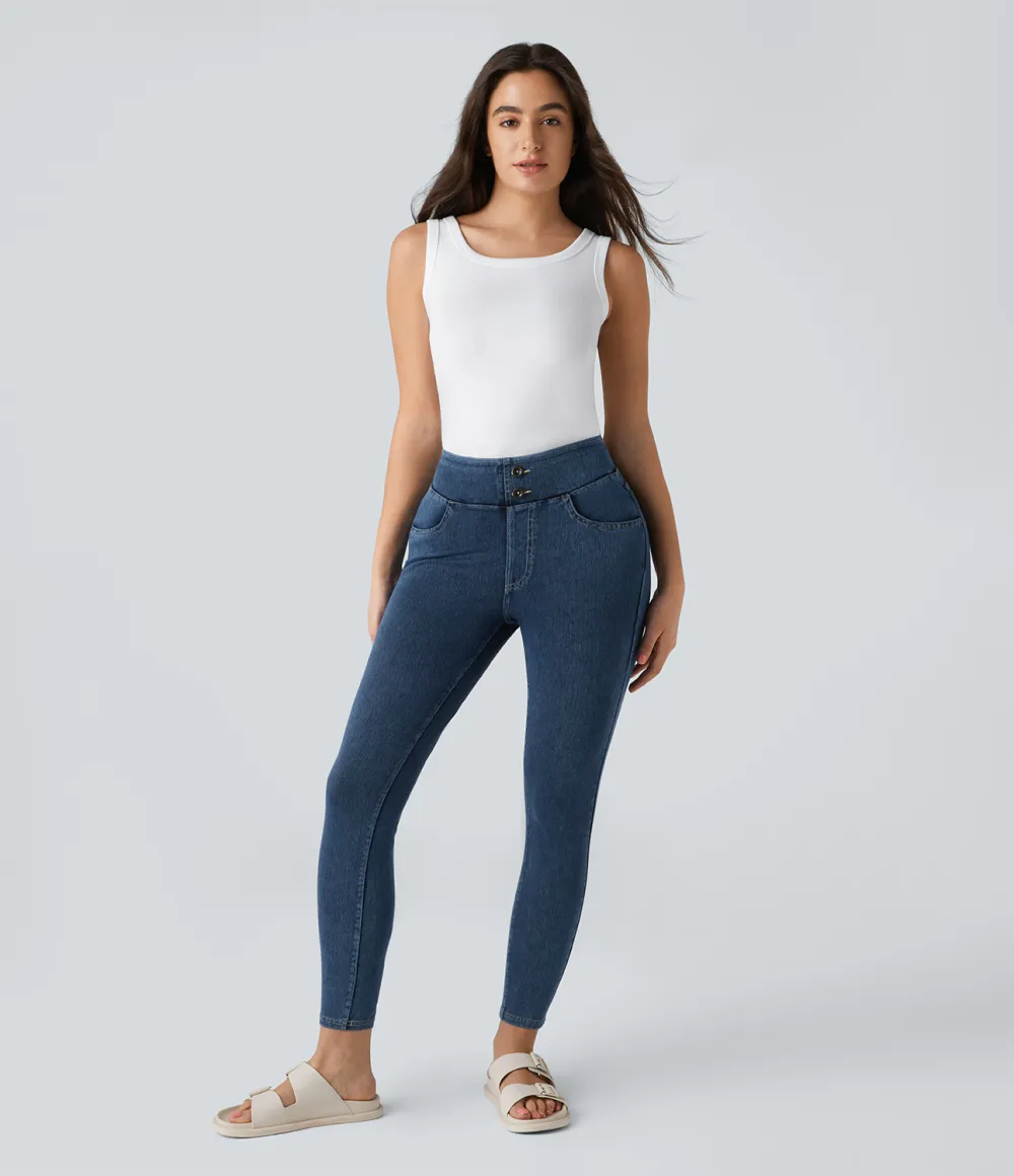 Magic Curvy High Waisted Decorative Button Multiple Pockets Stretchy Knit Denim Casual 7/8 Leggings