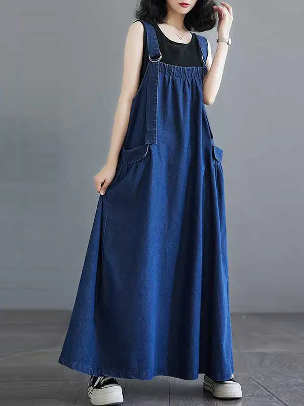 Suspender Pleated Neck Maxi Dress