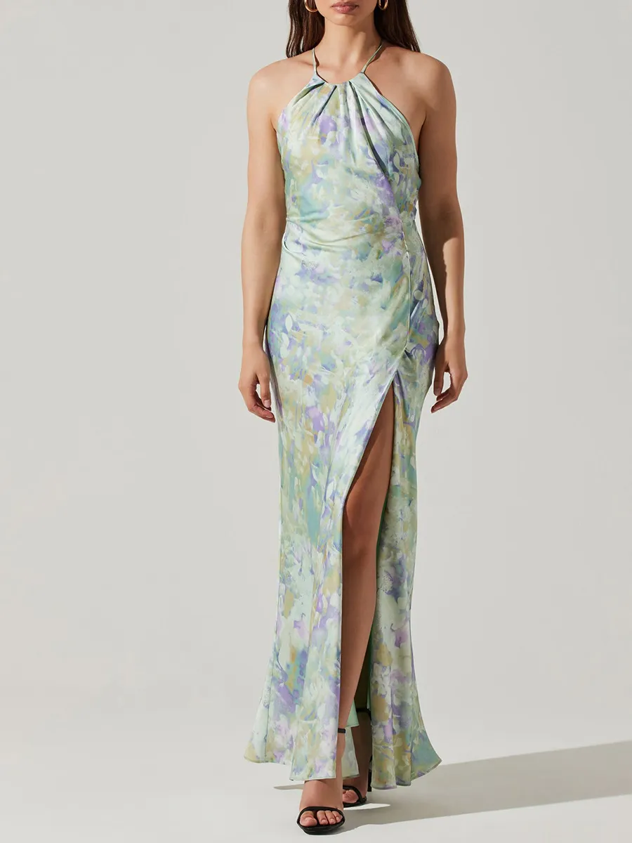 Sexy Halter Neck Open Back Satin Print Maxi Dress