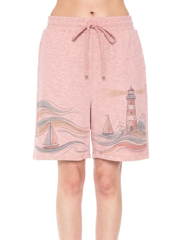 Women's Nautical Ocean Lover Lighthouse Sailboat Boho Graphic Shorts