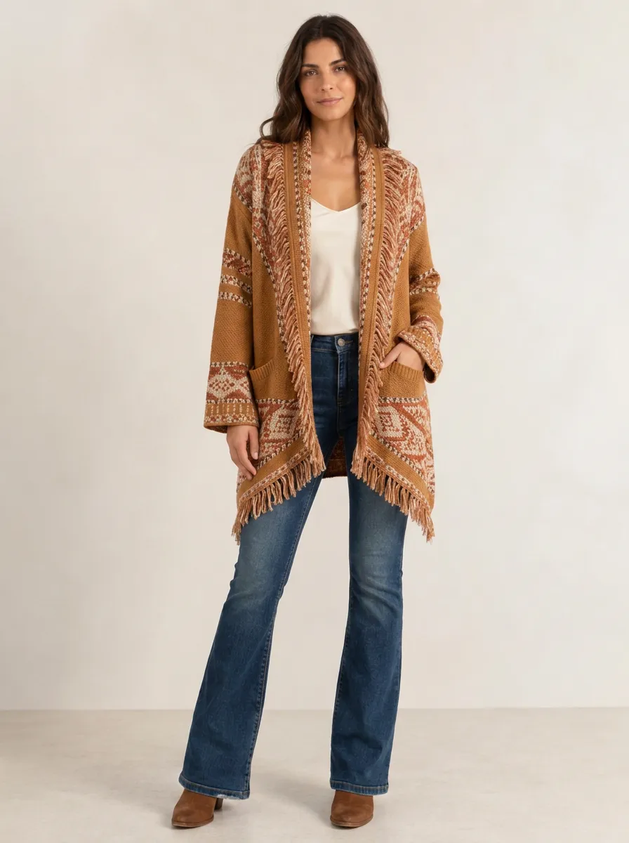 Women's Boho Style Geometric Pattern Fringe Trim Knitted Cardigan