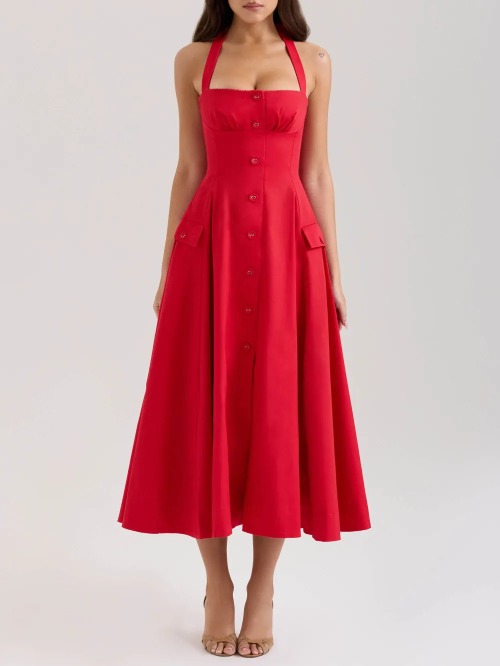 Elegant Square Neck Pleated Button Midi Dress