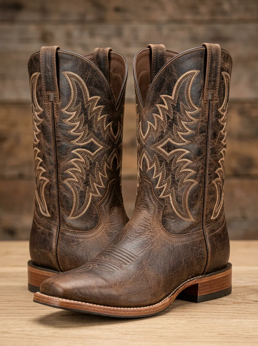 Rodeo-Inspired Embroidered Distressed Leather-Look Design Unisex Western Cowboy Boots