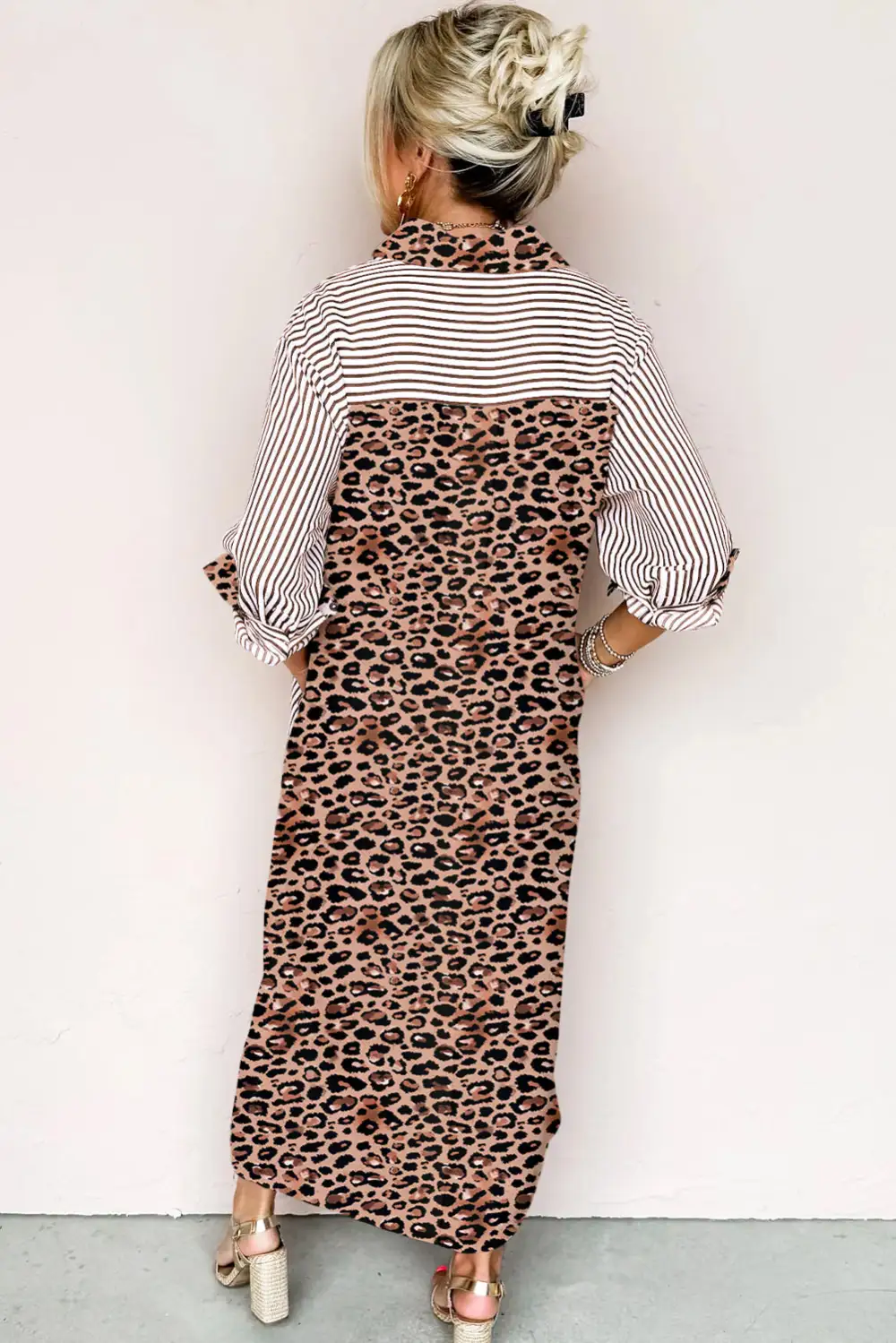 Maxi Stripe Contrast Leopard Patchwork Long Shirt Dress With