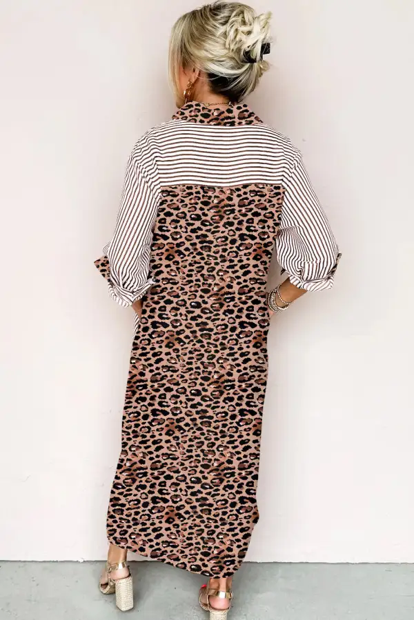 Maxi Stripe Contrast Leopard Patchwork Long Shirt Dress With