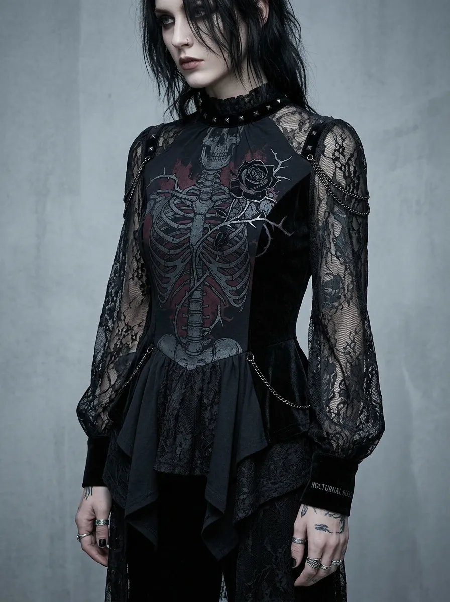 Women's Gothic Skeleton Rose Printed Lace Long Sleeve Top