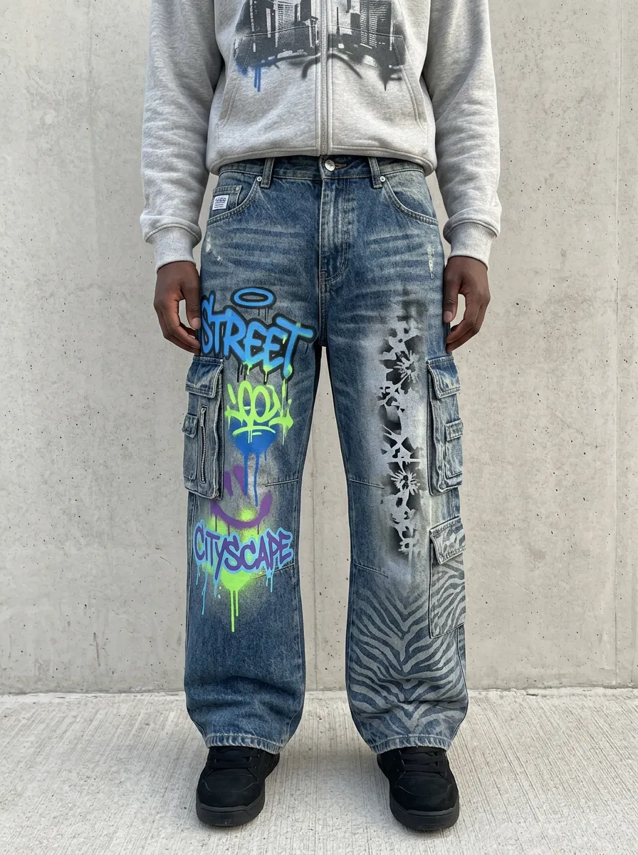 Men's Streetwear Graffiti Cityscape Zebra Graphic Cargo Jeans