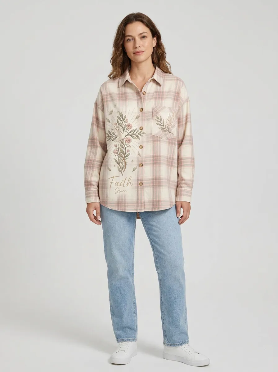 Women's Beige Grace Dove Cross Plaid Shirt