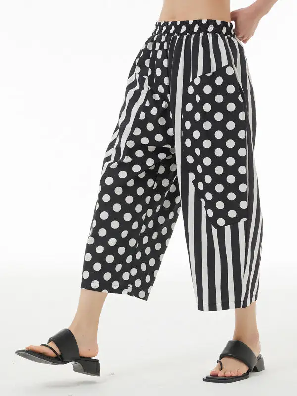 Women's Cropped Loose Fit Striped Polka Dot Pants