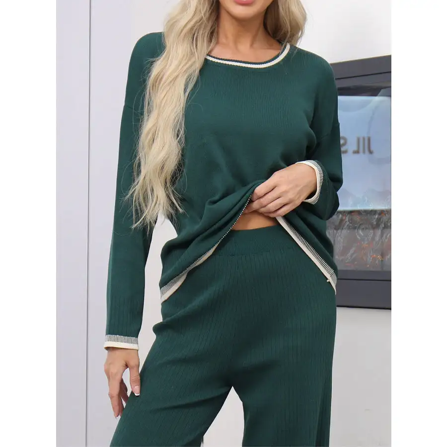 Contrast Trim Round Neck Top and Pants Sweater Set