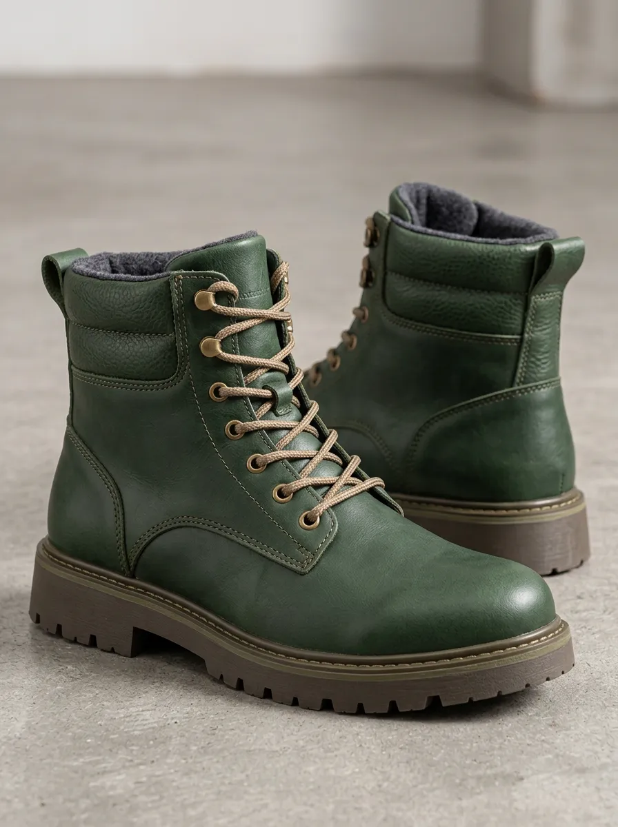Men's Leather Lace Up Combat Boots in Green