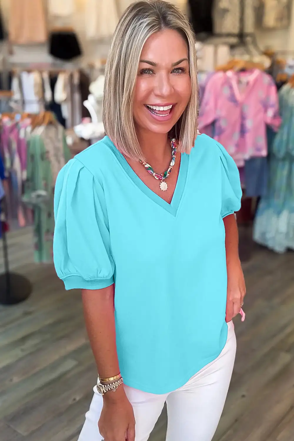 Modern Puff Sleeve V Neck Blouse