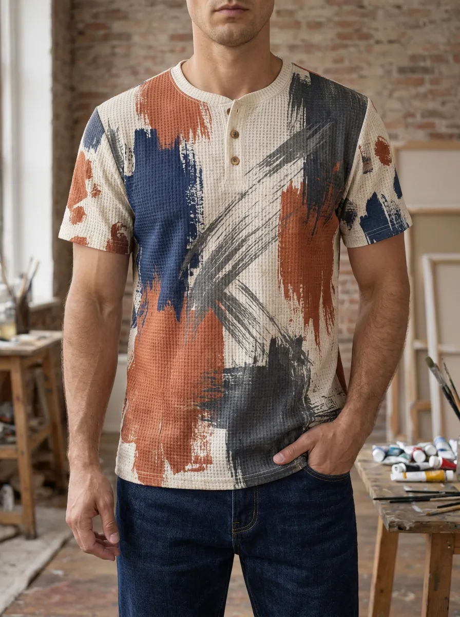 Men's Weekend Abstract Brushstroke Waffle Knit Henley T-Shirt