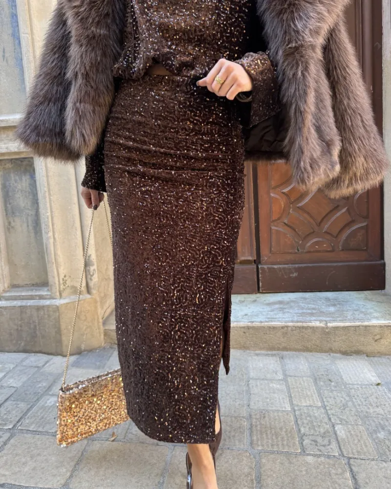 Side Slit Sequined Midi Skirt