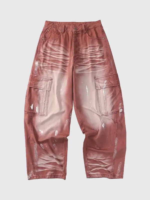 Wide-Leg Distressed Washed Denim Pants