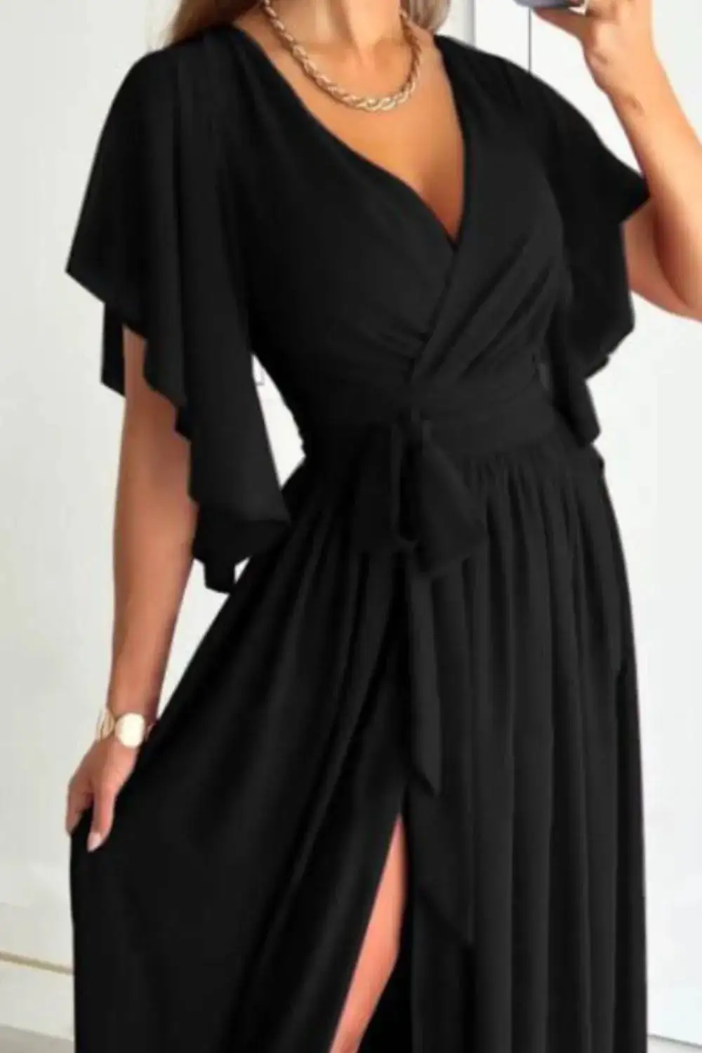 Relaxed Surplice Neck Flutter Sleeve Dress