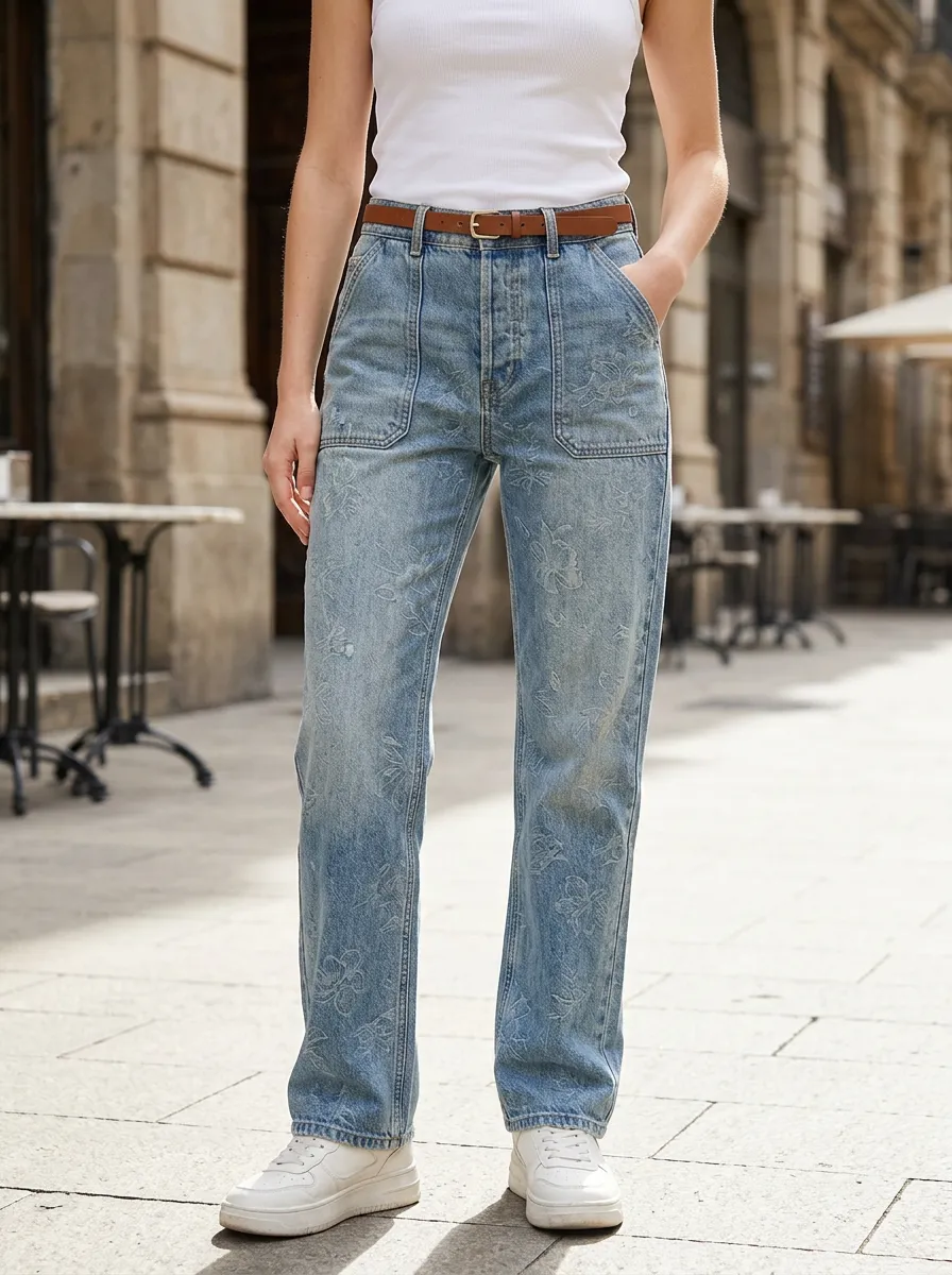 Women's Floral Pattern Light Wash Printed Jeans