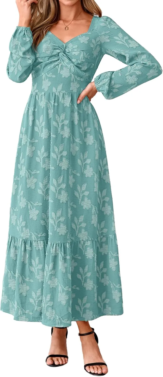 Simplee Womens Fall Long Sleeve Boho Floral Wedding Guest Maxi Dress