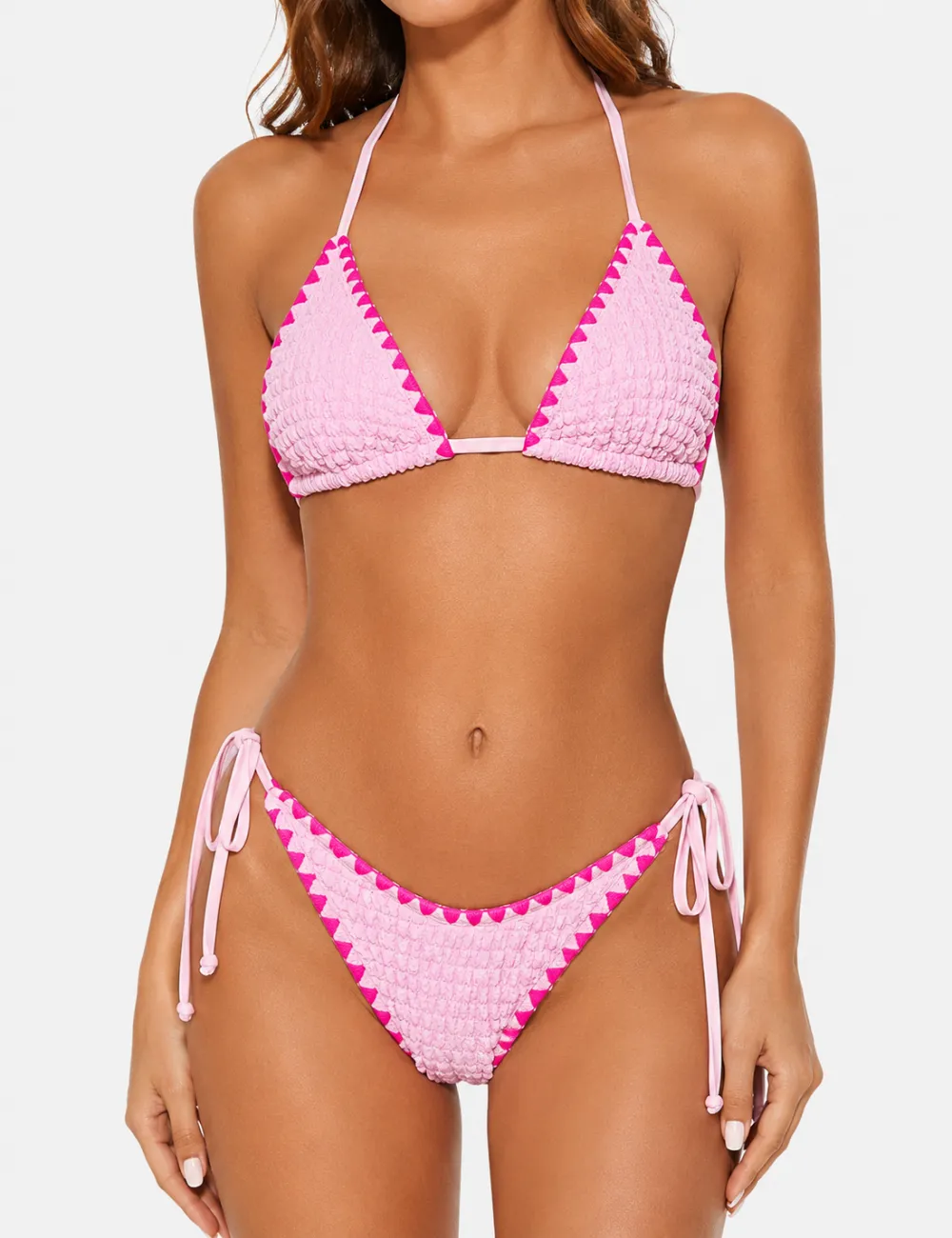 Contrast Trim Halter Triangle Piece Bikini Easy Set