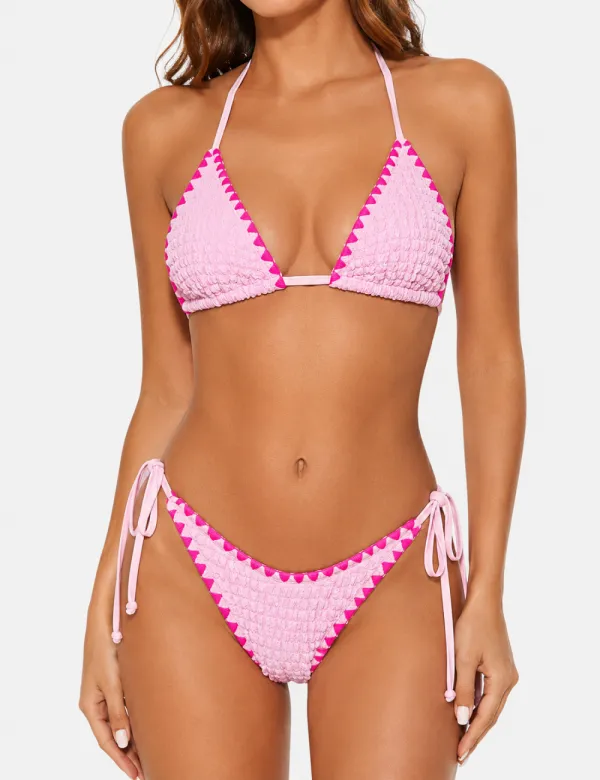 Contrast Trim Halter Triangle Piece Bikini Easy Set