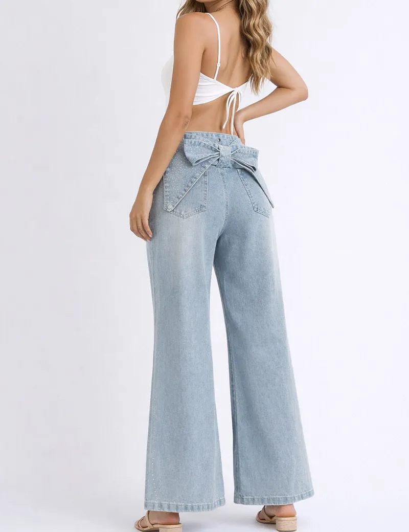 Chic Detachable Bow Rhinestone Wide Leg Denim Pants
