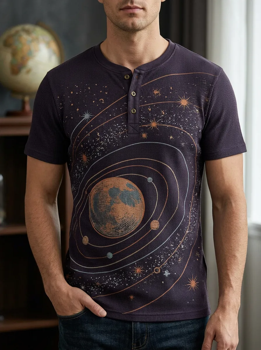 Men's Classic Astronomy Lover Solar System Henley T-Shirt