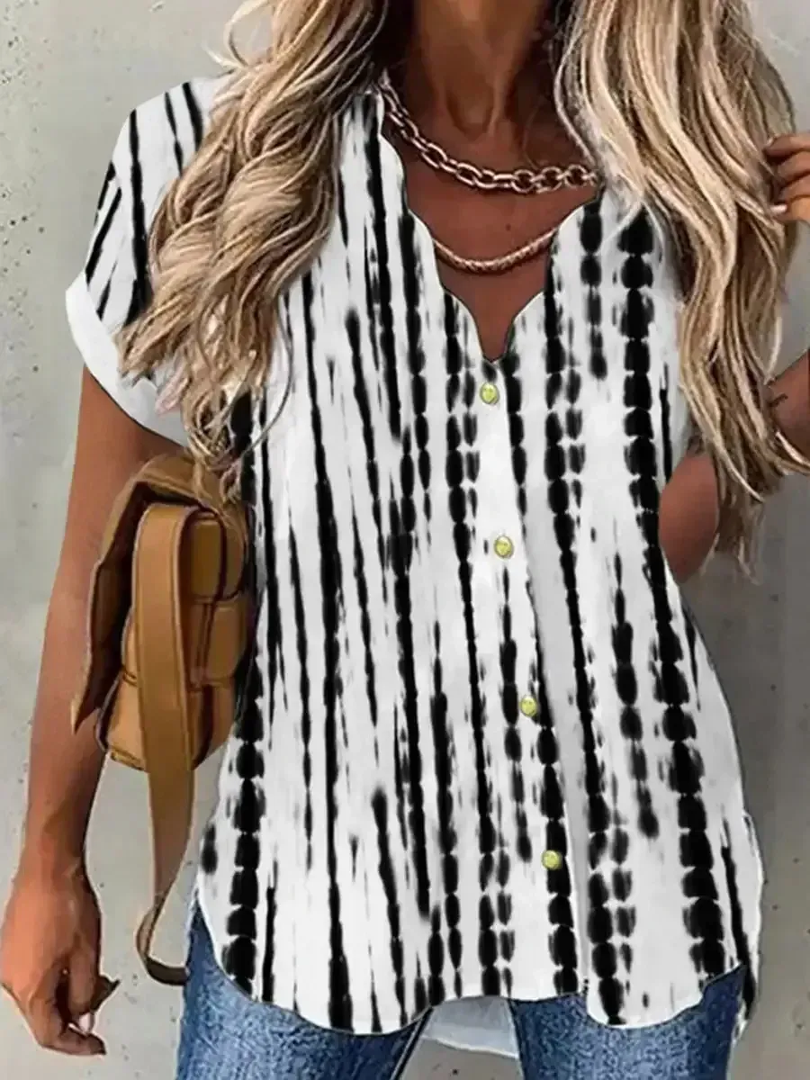 Women Short Sleeve Shirt Collar Floral Printed Button Top Shirts
